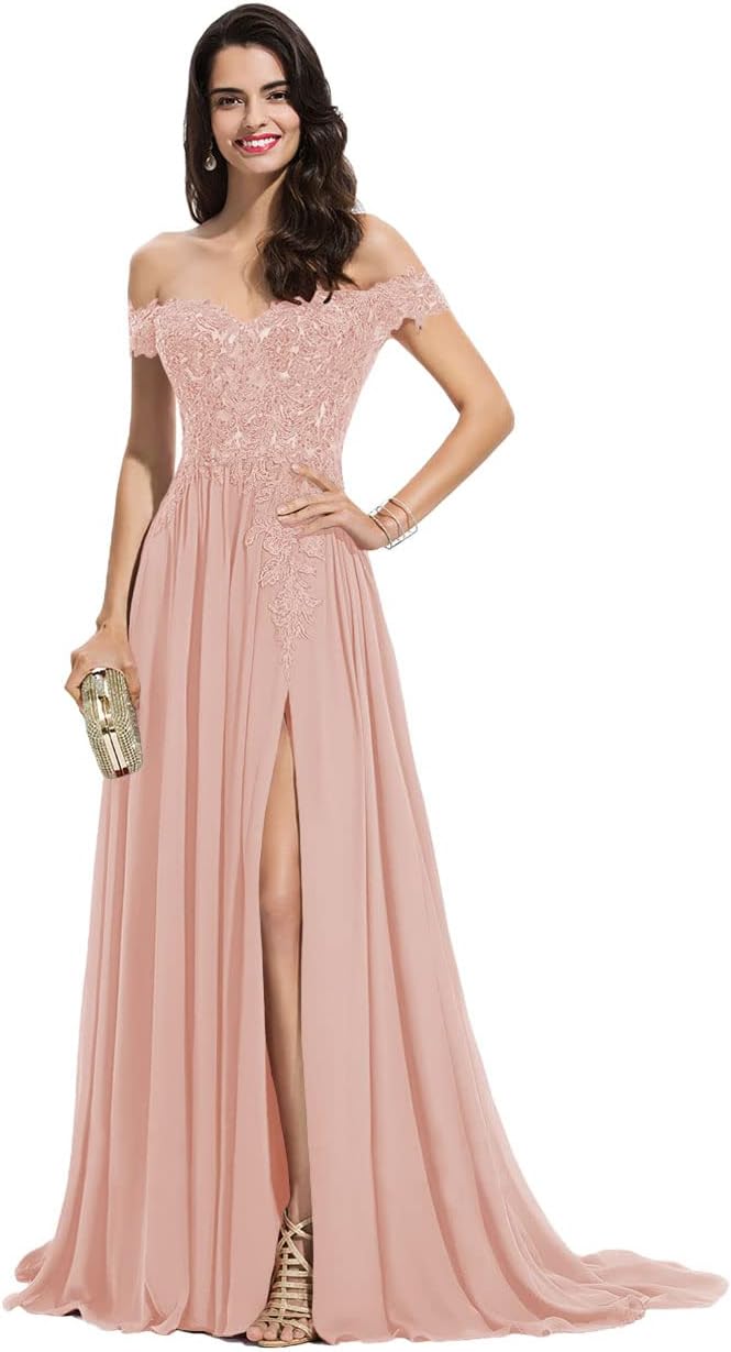 Women's Off The Shoulder Long Prom Dresses with Slit Lace Appliqued Chiffon Formal Party Gowns