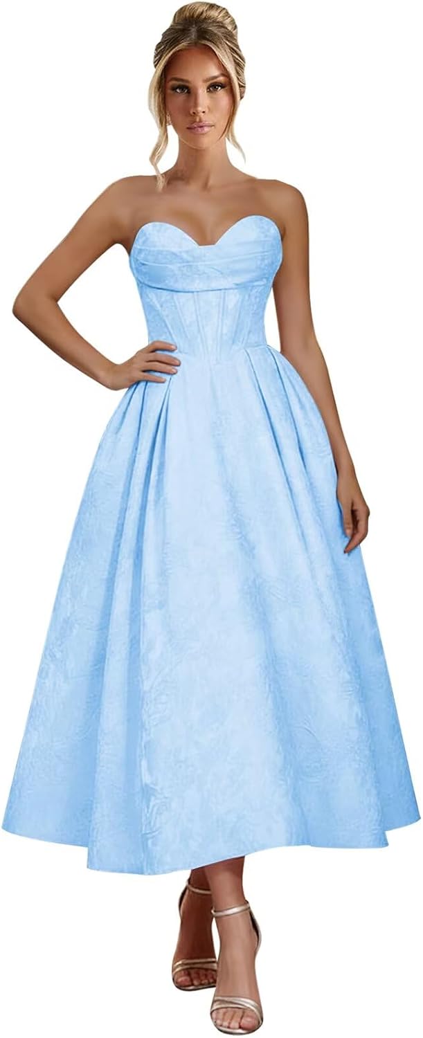 Jacquard Satin Prom Dresses for Women Strapless Tea Length Sweetheart Neck A-line Formal Party Dress with Pockets