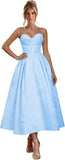 Jacquard Satin Prom Dresses for Women Strapless Tea Length Sweetheart Neck A-line Formal Party Dress with Pockets