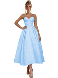 Jacquard Satin Prom Dresses for Women Strapless Tea Length Sweetheart Neck A-line Formal Party Dress with Pockets