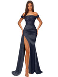 Off Shoulder Sequin Prom Dresses for Women 2027 Long Mermaid Tight Satin Formal Evening Party Dress with Slit