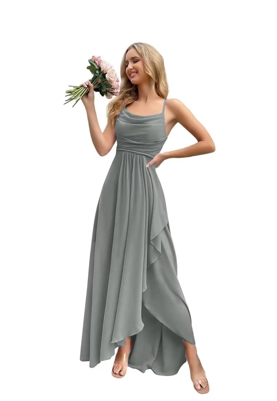 Spaghetti Strap Chiffon Bridesmaid Dresses for Women Long Ruched A-Line Cowl Neck Formal Evening Gowns with Slit