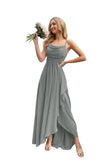 Spaghetti Strap Chiffon Bridesmaid Dresses for Women Long Ruched A-Line Cowl Neck Formal Evening Gowns with Slit