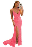 Women's Spaghetti Straps Sequin Prom Dresses Mermaid Sleeveless Double V-Neck Sparkle Evening Dress with Slit