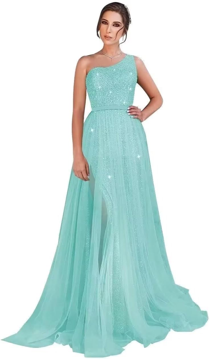 One Shoulder Sequin Prom Dress Long A-Line Tulle Formal Evening Gowns for Women 2027
