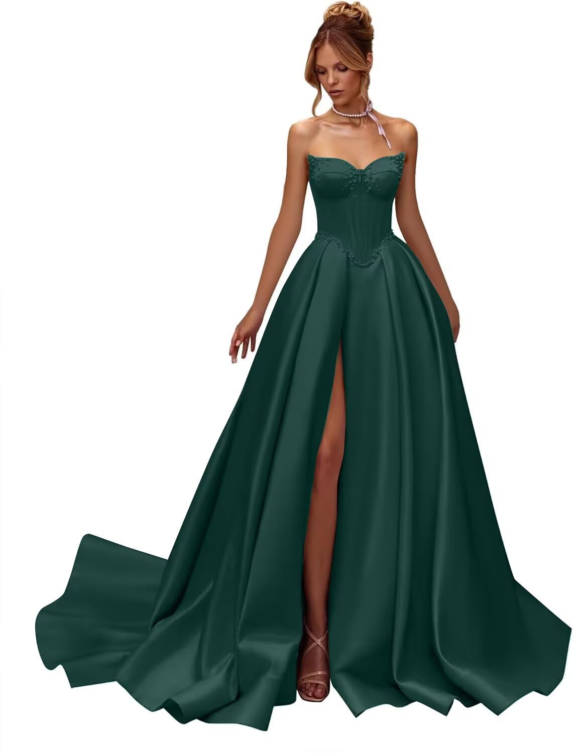 Kingbridal Gowns Strapless Prom Dresses for Women 2026 Long Satin A-line Formal Dress with Slit Beaded Corset Evening Party Gowns