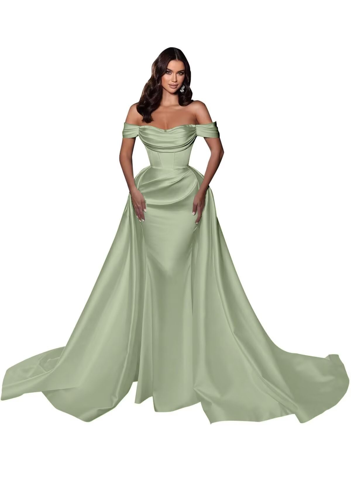 Mermaid Satin Prom Dresses for Women 2027 Long Off Shoulder Ruched Corset Formal Evening Dress Detachable Train