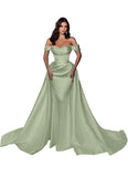 Mermaid Satin Prom Dresses for Women 2027 Long Off Shoulder Ruched Corset Formal Evening Dress Detachable Train
