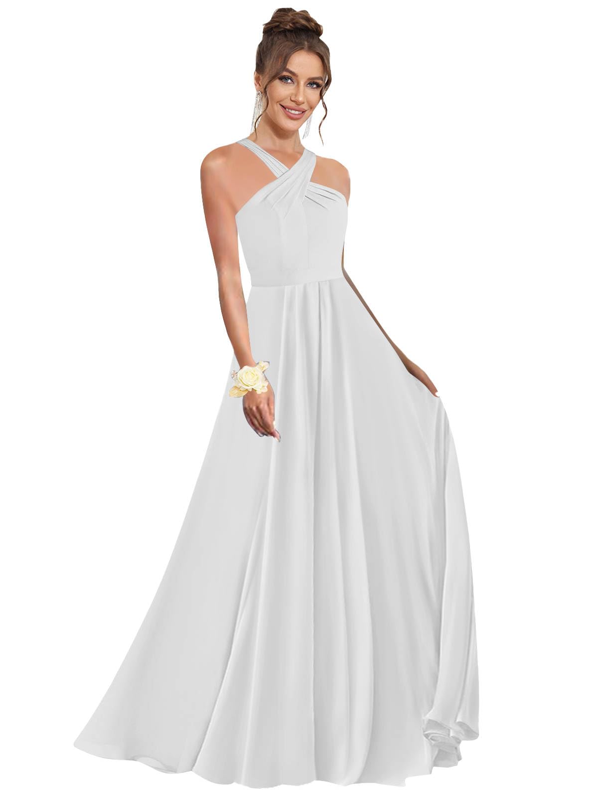 Halter Bridesmaid Dresses for Wedding Chiffon A Line Pleated Long Formal Prom Dress with Belt