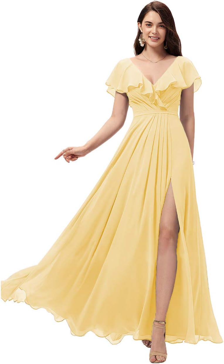 Vestidos de dama de honor largos con escote en V y volantes de gasa para mujer, vestidos de noche formales