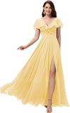 Vestidos de dama de honor largos con escote en V y volantes de gasa para mujer, vestidos de noche formales