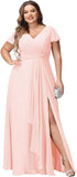 Vestidos de dama de honor de talla grande con mangas con volantes y bolsillos, vestido formal largo con escote en V y abertura. 
