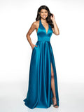 Womens Satin Prom Dresses Long with Slit Halter Evening Formal Gowns for Women with Pockets
