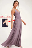 Women's Deep V Neck Bridesmaid Dresses with Slit Chiffon Pleats A Line Formal Party Dresses with Pockets