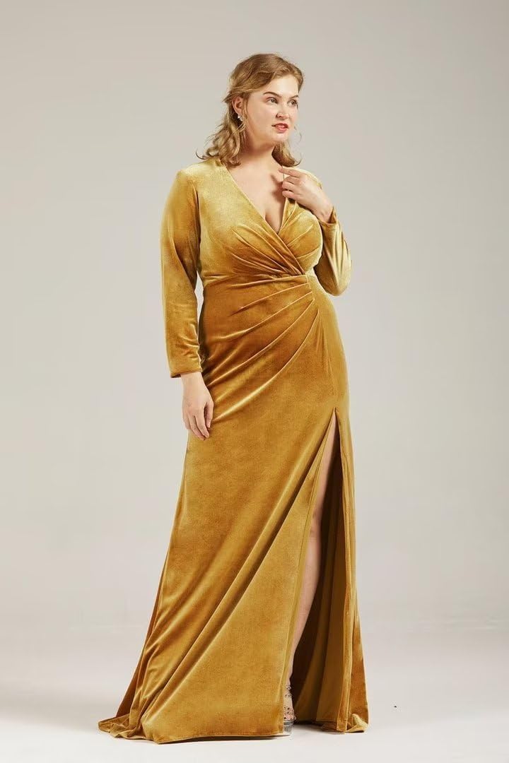 Langärmliges Brautjungfernkleid aus Samt mit Schlitz, V-Ausschnitt, Meerjungfrau-Stil, formelles Kleid für Damen