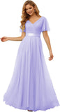 Damen Brautjungfernkleider mit Flatterärmeln, Tüll, lang, V-Ausschnitt, Empire-Taille, formelles Kleid 