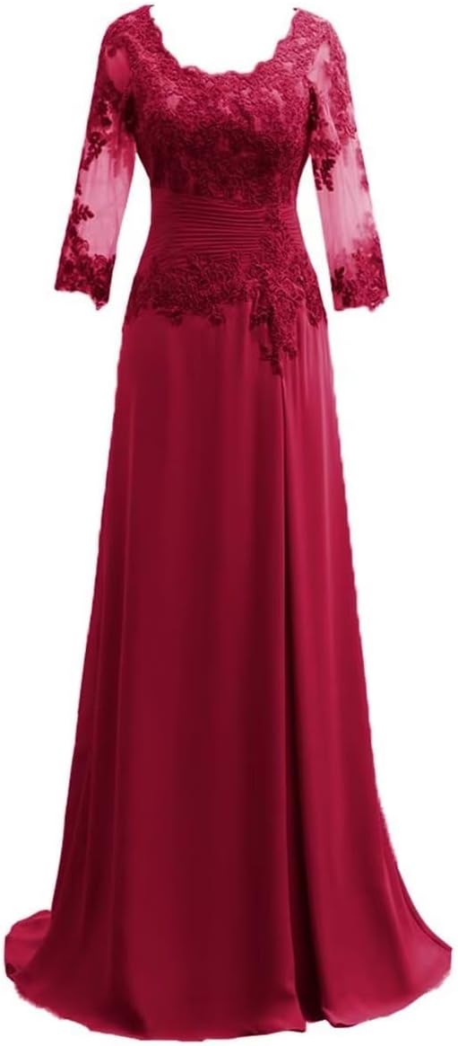 Women's Lace Appliqued Mother of The Bride Dresses 3/4 Sleeves Scoop Long Formal Evening Dress