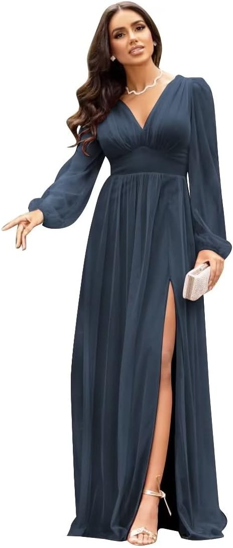 Langärmlige Brautjungfernkleider für Hochzeiten, V-Ausschnitt, formelles Kleid mit Schlitz, Chiffon-Ballkleid