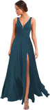 Women's Deep V Neck Bridesmaid Dresses with Slit Chiffon Pleats A Line Formal Party Dresses with Pockets