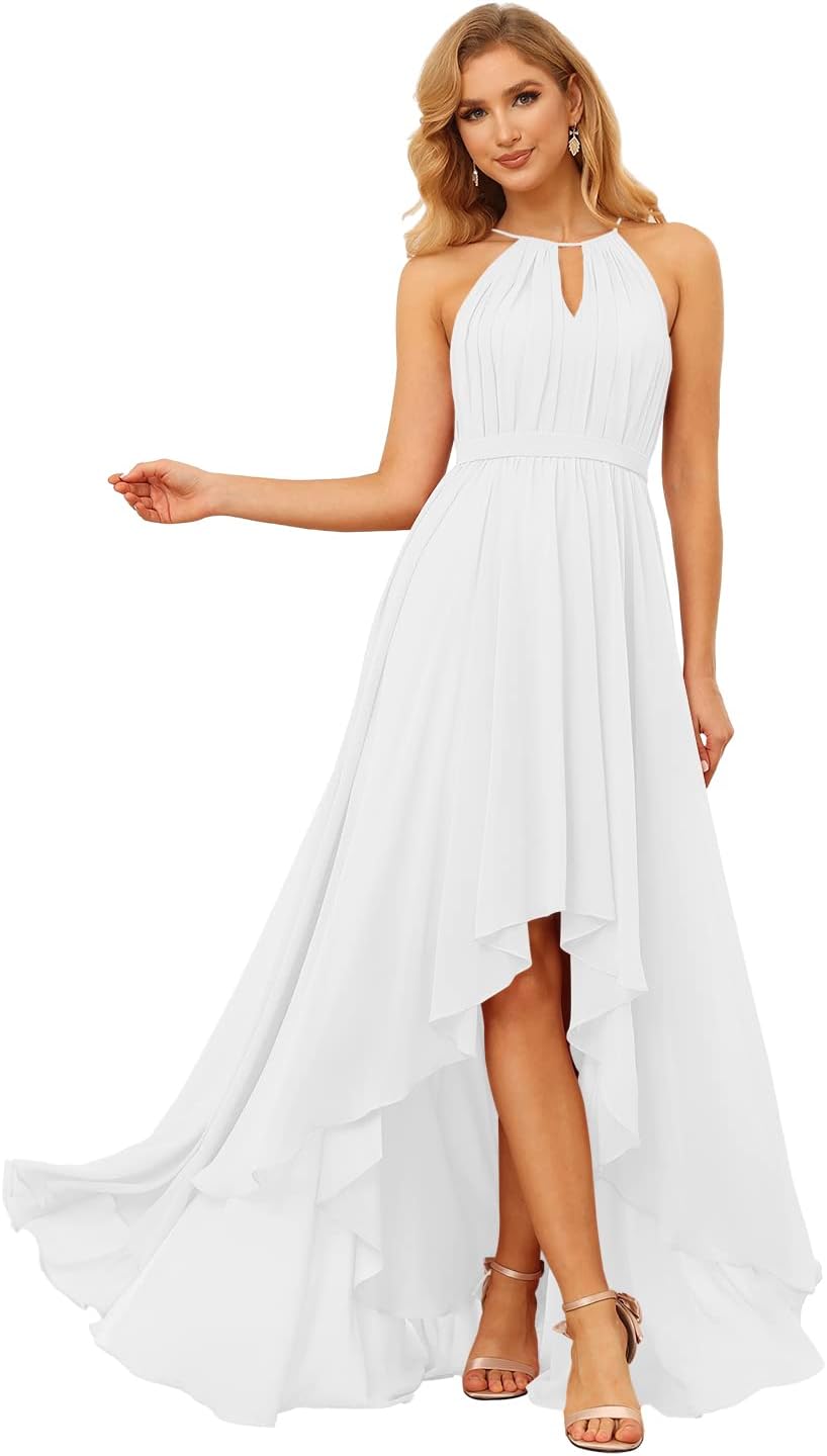 Damen Neckholder Brautjungfernkleider Lang mit Taschen High-Low Falten Formelles Kleid für Hochzeit 