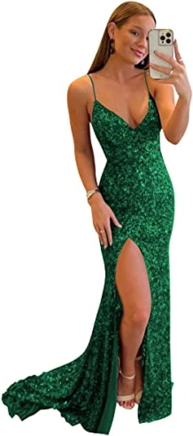Women's Spaghetti Straps Sequin Prom Dresses Mermaid Sleeveless Double V-Neck Sparkle Evening Dress with Slit