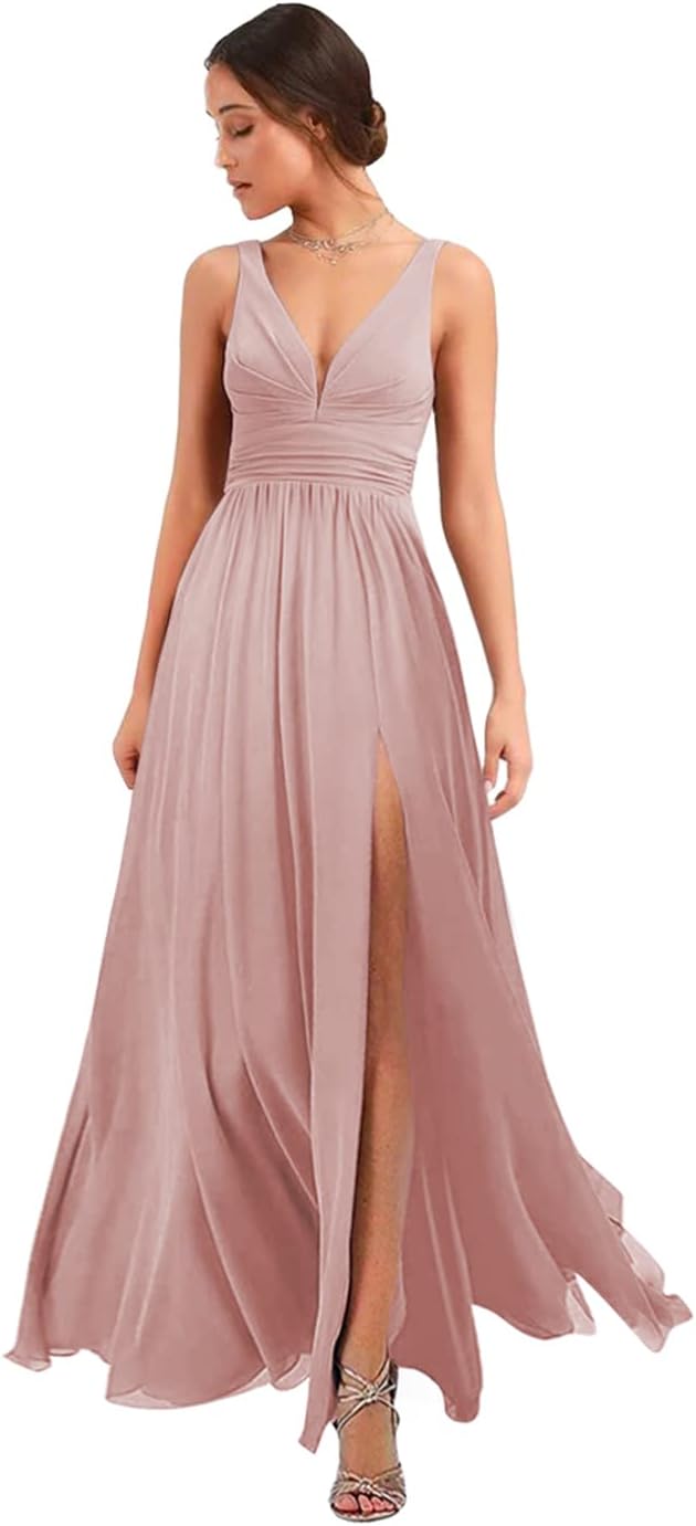 Women's Deep V Neck Bridesmaid Dresses with Slit Chiffon Pleats A Line Formal Party Dresses with Pockets