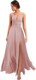 Women's Deep V Neck Bridesmaid Dresses with Slit Chiffon Pleats A Line Formal Party Dresses with Pockets