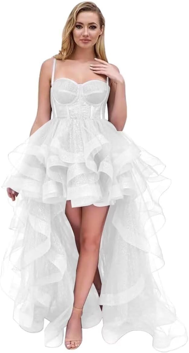 Spaghetti Cocktail Party Dress for Women High-Low Ruffled Summer Dress Long Trailing Prom Ball Gown
