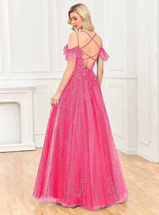 Off Shoulder Tulle Ball Gowns for Women Lace Appliques Beaded Prom Dress Sparkly Long A-line Evening Gowns