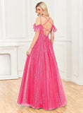 Off Shoulder Tulle Ball Gowns for Women Lace Appliques Beaded Prom Dress Sparkly Long A-line Evening Gowns