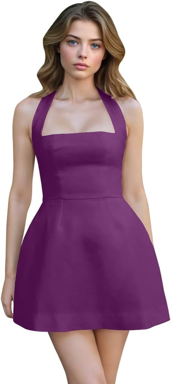 Satin Halter Homecoming Dresses for Teens Short Prom Dress 2027 Mini Formal Evening Cocktail Gowns with Pockets