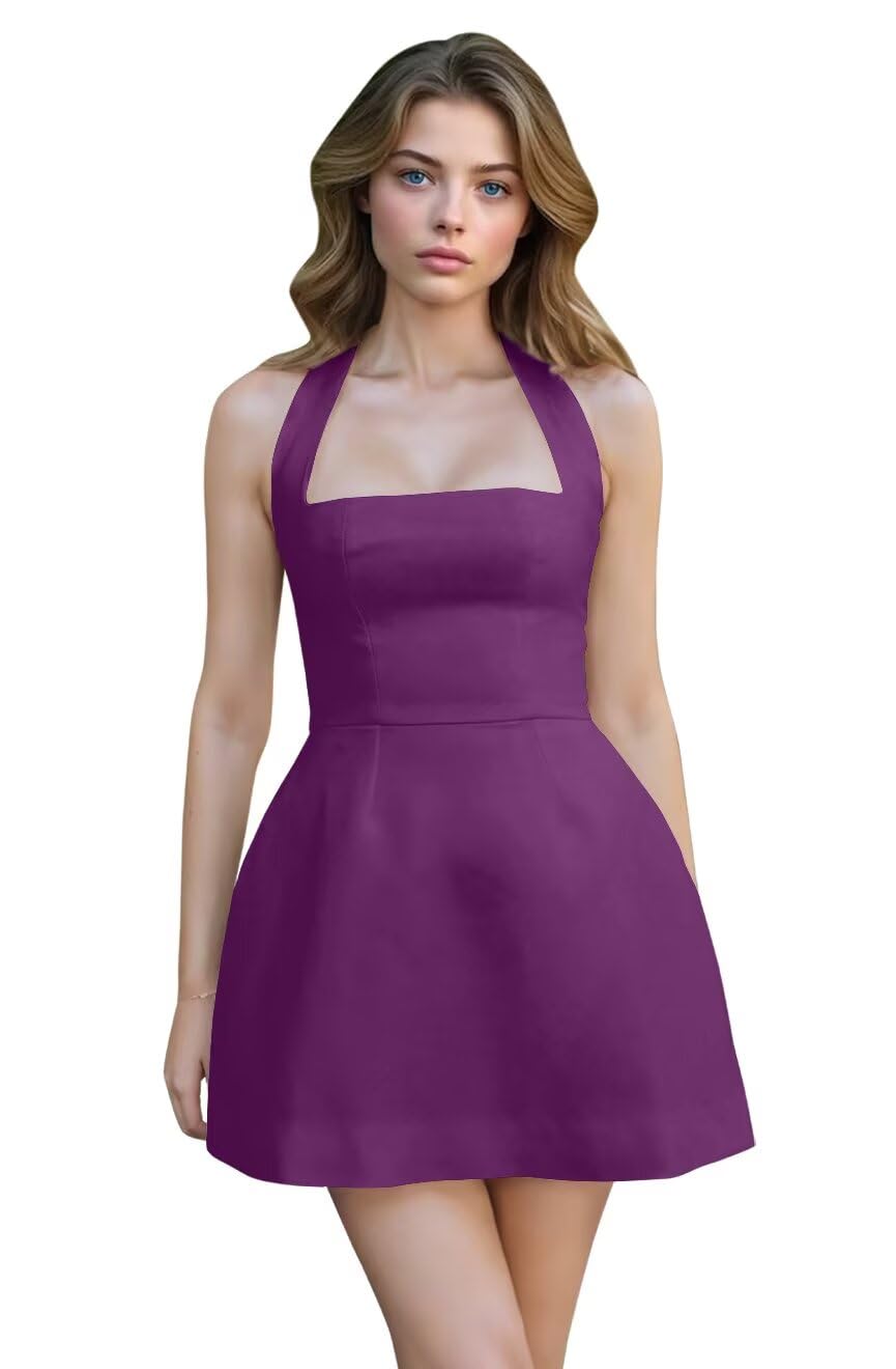 Satin Halter Homecoming Dresses for Teens Short Prom Dress 2027 Mini Formal Evening Cocktail Gowns with Pockets