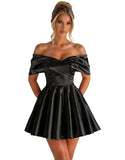 Off Shoulder Satin Homecoming Dresses for Teens 2026 Short Prom Dress A-line Pleated Cocktail Party Gowns