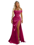Off Shoulder Mermaid Prom Dresses with Slit 2027 Long Satin Pleated Formal Dress for Women Evening Party