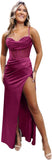 Satin Mermaid Prom Dresses Cowl Neck Spaghetti Straps Beaded Ruched Long Formal Gown with Slit