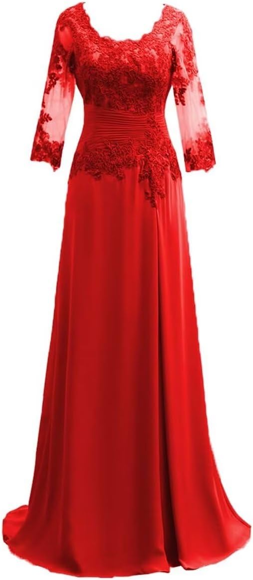 Women's Lace Appliqued Mother of The Bride Dresses 3/4 Sleeves Scoop Long Formal Evening Dress