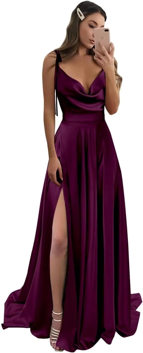 Vestidos de fiesta largos de satén con abertura alta para mujer, 2024, tirantes finos ajustables, vestidos de fiesta formales con bolsillos 
