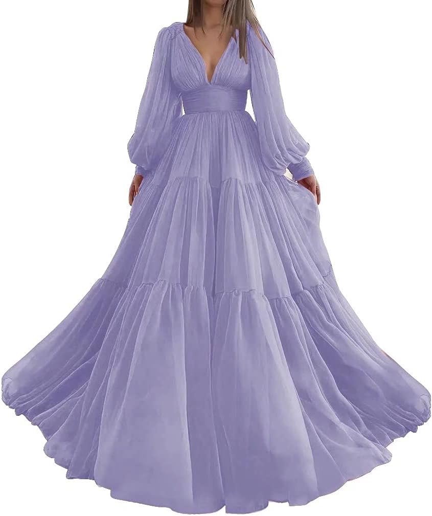 Langes Ballkleid mit Puffärmeln, Tüll, Ballkleid für Damen, Brautkleider, V-Ausschnitt, formelle Abendkleider