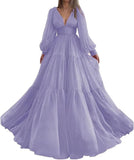 Langes Ballkleid mit Puffärmeln, Tüll, Ballkleid für Damen, Brautkleider, V-Ausschnitt, formelle Abendkleider