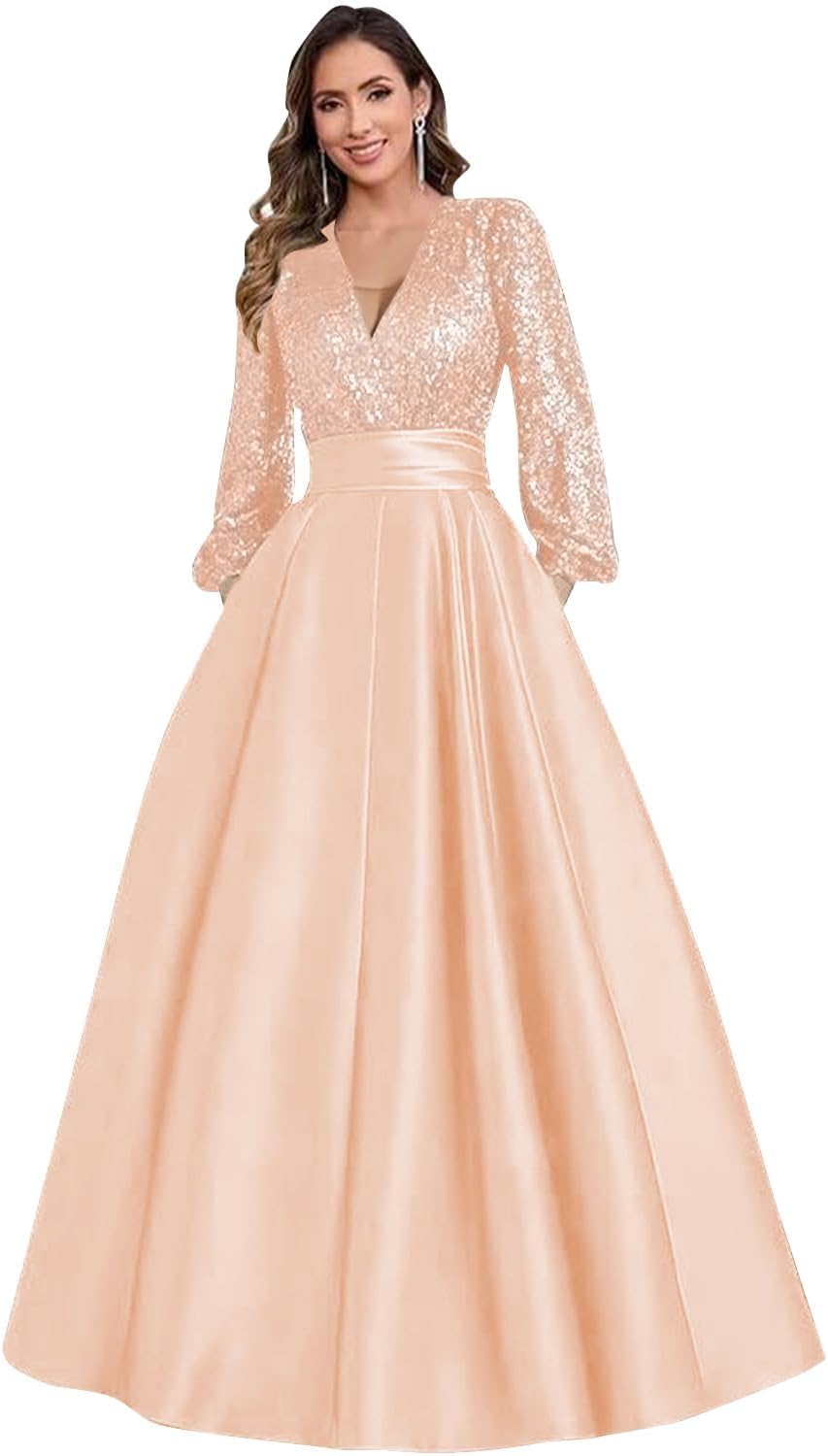 Satin Mother of Bride Dresses Long for Women Sequin Long Sleeve Evening Gown with Pockets