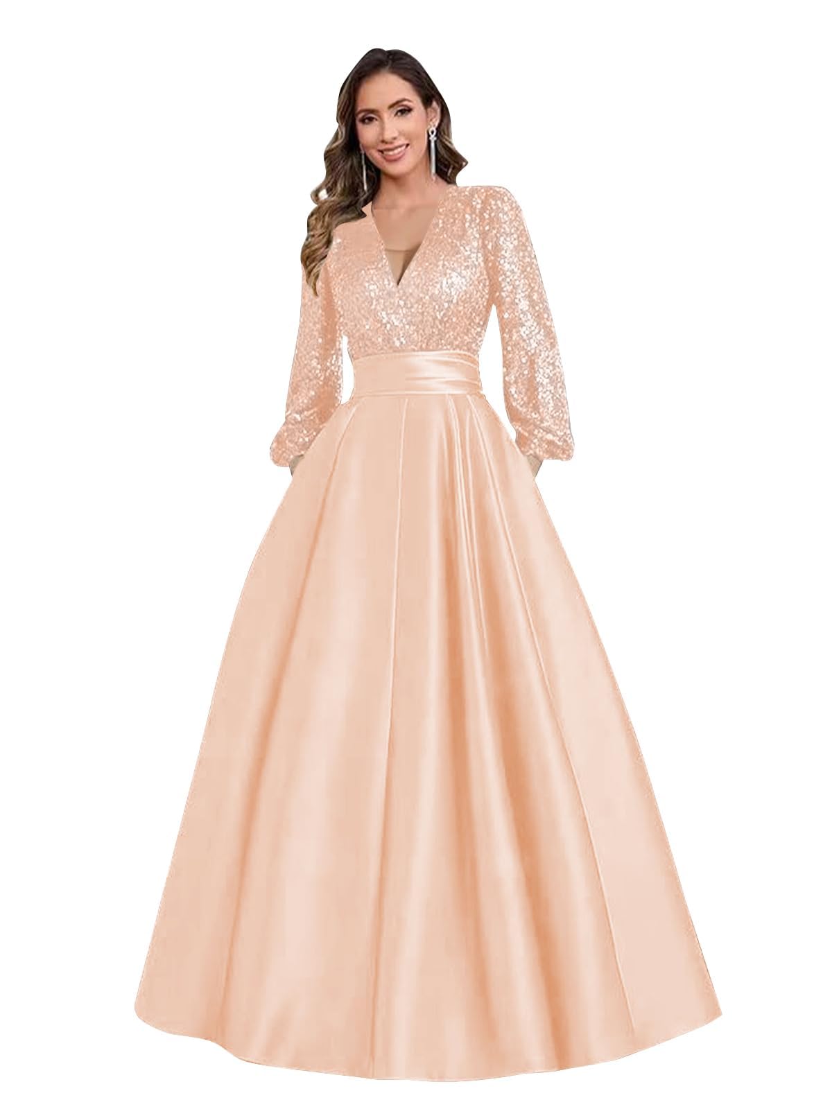 Satin Mother of Bride Dresses Long for Women Sequin Long Sleeve Evening Gown with Pockets
