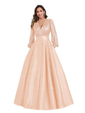 Satin Mother of Bride Dresses Long for Women Sequin Long Sleeve Evening Gown with Pockets
