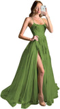 Women's Lace Criss-Cross Prom Dresses with Slit Spaghetti Straps Long Formal Evening Gowns