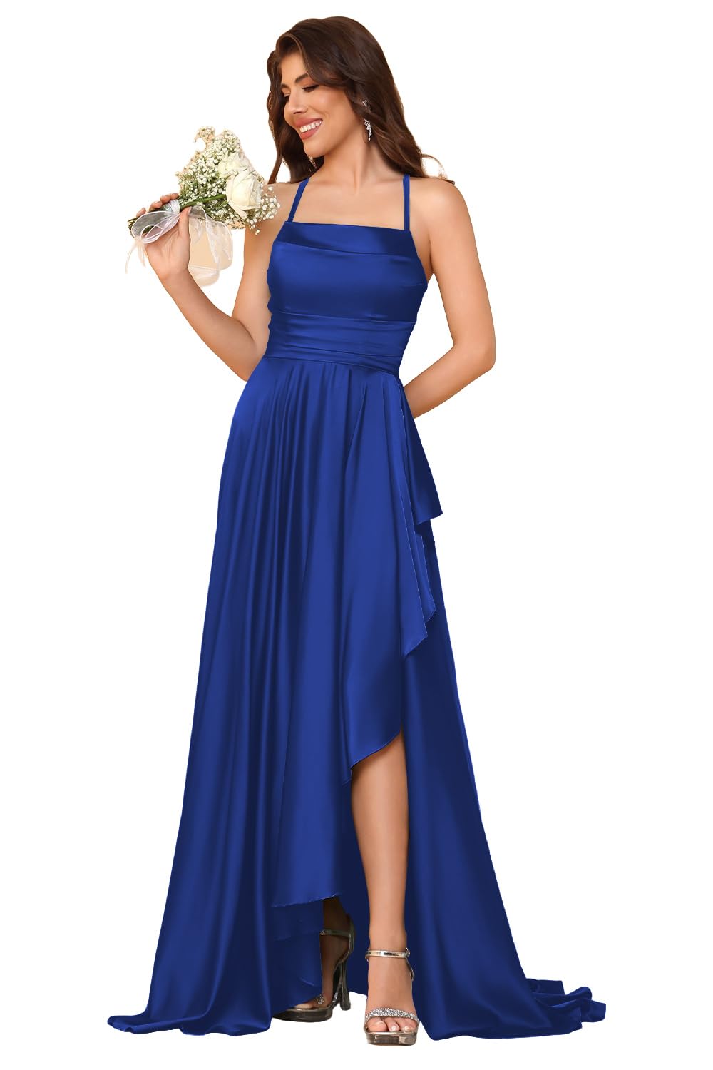 Women's Long Satin Bridesmaid Dresses Spaghetti Strap Halter Formal Evening Gown Ruffle High Low Wedding Guest Dress