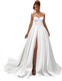 Kingbridal Gowns Strapless Prom Dresses for Women 2026 Long Satin A-line Formal Dress with Slit Beaded Corset Evening Party Gowns