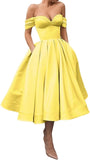 A Line Off Shoulder Prom Dresses for Women Satin Tea Length Cocktail Party Dresses with Pockets