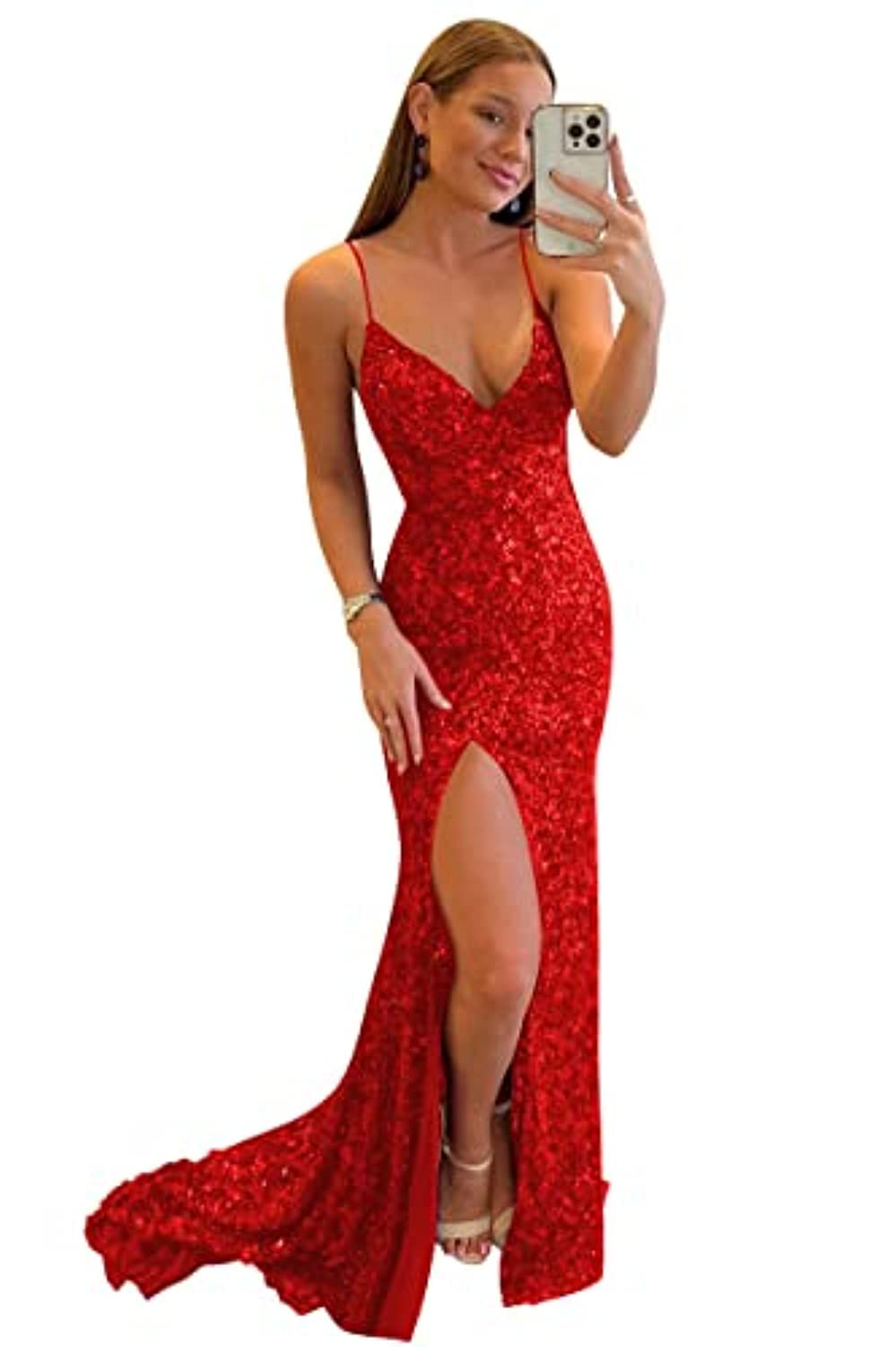 Women's Spaghetti Straps Sequin Prom Dresses Mermaid Sleeveless Double V-Neck Sparkle Evening Dress with Slit