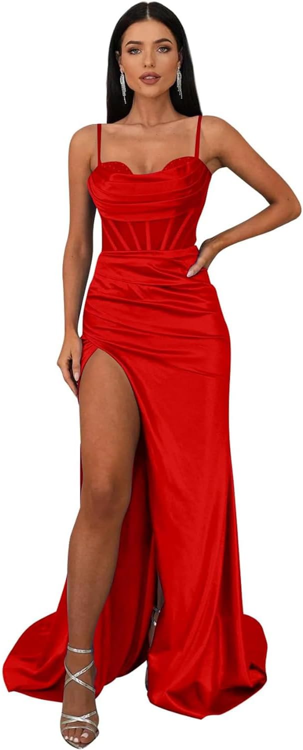 Ballkleider mit Wasserfallausschnitt, langen Spaghettiträgern, Illusion-Meerjungfrauen-Korsett, formelles Abendkleid mit Schlitz 