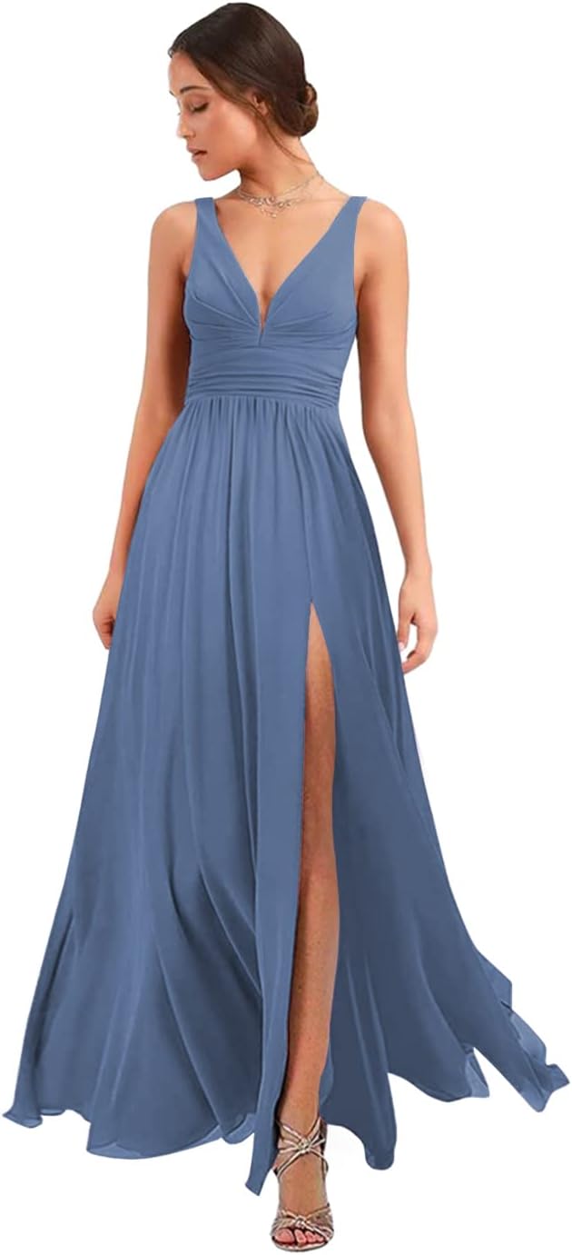 Women's Deep V Neck Bridesmaid Dresses with Slit Chiffon Pleats A Line Formal Party Dresses with Pockets