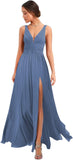 Women's Deep V Neck Bridesmaid Dresses with Slit Chiffon Pleats A Line Formal Party Dresses with Pockets